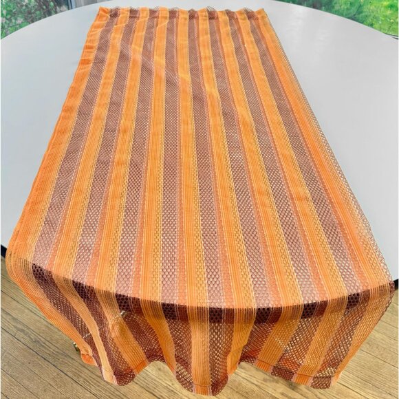 Vintage 70s mesh curtain, pumpkin orange & brown stripes, open weave panel - Picture 4 of 8